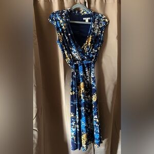 London Times Petite Floral Faux Wrap A-line Cap-sleeved Dress